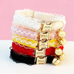 Personalised Lace Cat Kitten Puppy Breakaway Collar with Bell - White, Pink, Yellow, Red, Black Perfect Pet Gift, Wedding Gift
