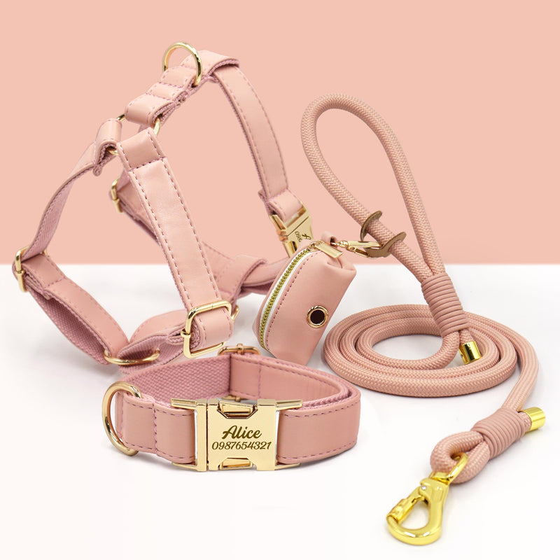 PU Leather Dog Collar, Collar/Harness/Lead/Poop Bag, Dog Collar Leash in Pink, Engraved Metal Buckle, Wedding Puppy Gift, Australia