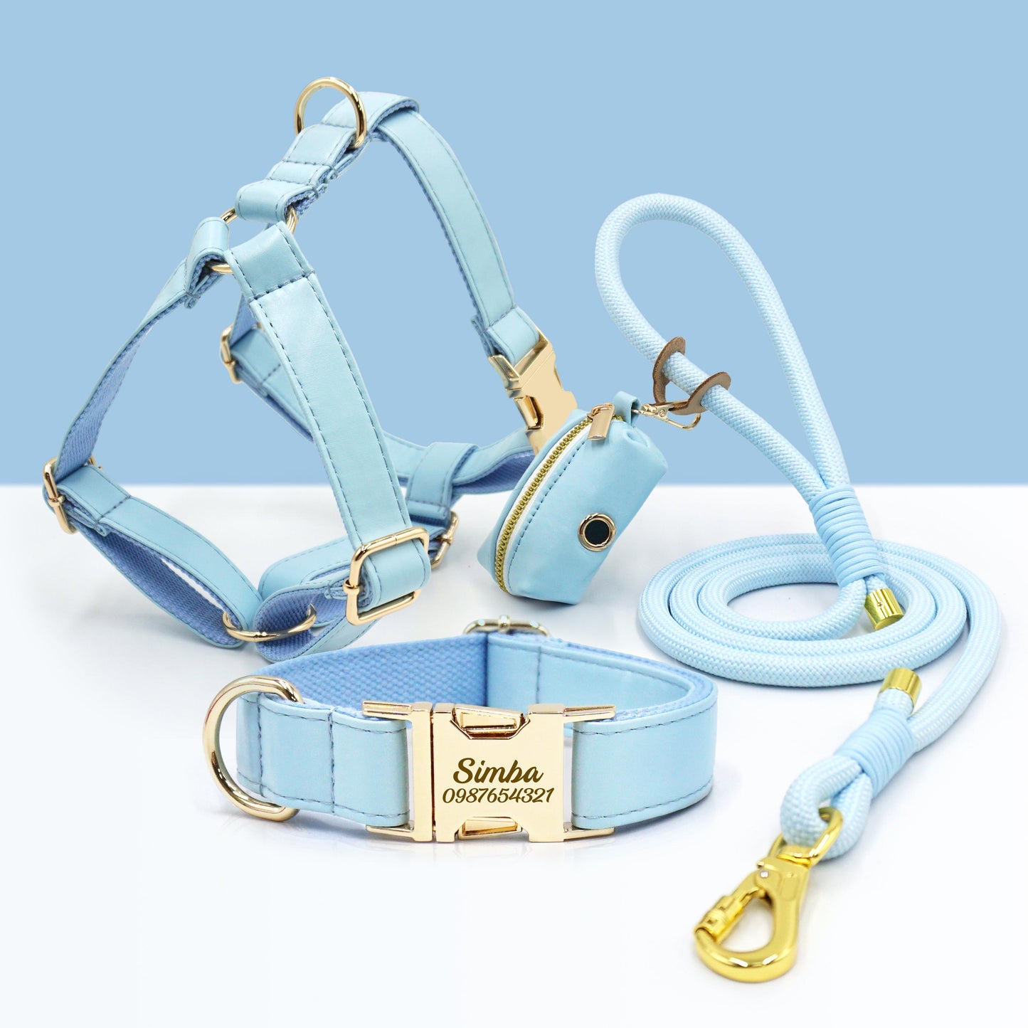PU Leather Dog Collar, Collar/Harness/Lead/Poop Bag, Dog Collar Leash in Light Blue, Engraved Metal Buckle, Wedding Puppy Gift, Australia