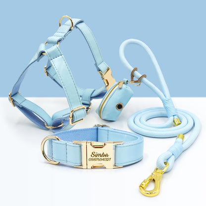 PU Leather Dog Collar, Collar/Harness/Lead/Poop Bag, Dog Collar Leash in Light Blue, Engraved Metal Buckle, Wedding Puppy Gift, Australia