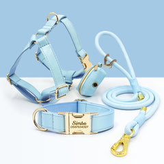 PU Leather Dog Collar, Collar/Harness/Lead/Poop Bag, Dog Collar Leash in Light Blue, Engraved Metal Buckle, Wedding Puppy Gift, Australia