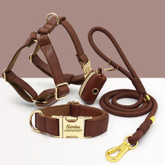 PU Leather Dog Collar, Collar/Harness/Lead/Poop Bag, Dog Collar Leash in Dark Brown, Engraved Metal Buckle, Wedding Puppy Gift, Australia