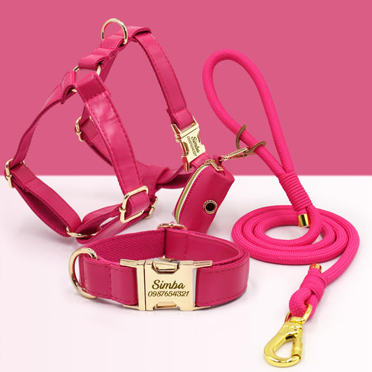 PU Leather Dog Collar, Collar/Harness/Lead/Poop Bag, Dog Collar Leash in Hot Pink, Engraved Metal Buckle, Wedding Puppy Gift, Australia