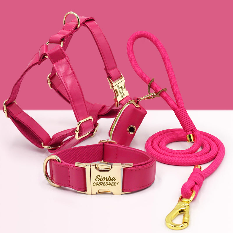 PU Leather Dog Collar, Collar/Harness/Lead/Poop Bag, Dog Collar Leash in Hot Pink, Engraved Metal Buckle, Wedding Puppy Gift, Australia