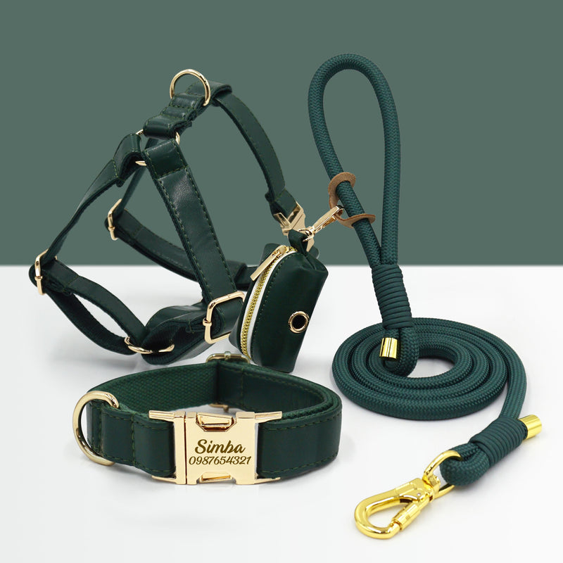 PU Leather Dog Collar, Collar/Harness/Lead/Poop Bag, Dog Collar Leash in Dark Green, Engraved Metal Buckle, Wedding Puppy Gift, Australia
