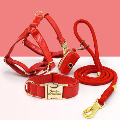 PU Leather Dog Collar, Collar/Harness/Lead/Poop Bag, Dog Collar Leash in Red, Engraved Metal Buckle, Wedding Puppy Gift, Australia