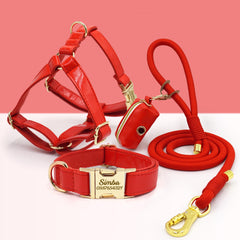 PU Leather Dog Collar, Collar/Harness/Lead/Poop Bag, Dog Collar Leash in Red, Engraved Metal Buckle, Wedding Puppy Gift, Australia