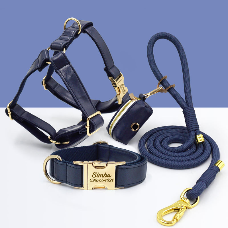 PU Leather Dog Collar, Collar/Harness/Lead/Poop Bag, Dog Collar Leash in Dark Blue, Engraved Metal Buckle, Wedding Puppy Gift, Australia