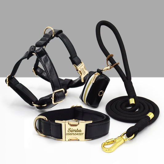 PU Leather Dog Collar, Collar/Harness/Lead/Poop Bag, Dog Collar Leash in Black, Engraved Metal Buckle, Wedding Puppy Gift, Australia