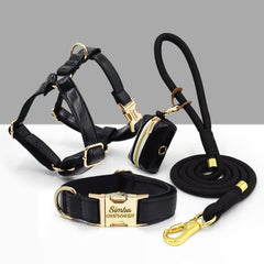 PU Leather Dog Collar, Collar/Harness/Lead/Poop Bag, Dog Collar Leash in Black, Engraved Metal Buckle, Wedding Puppy Gift, Australia