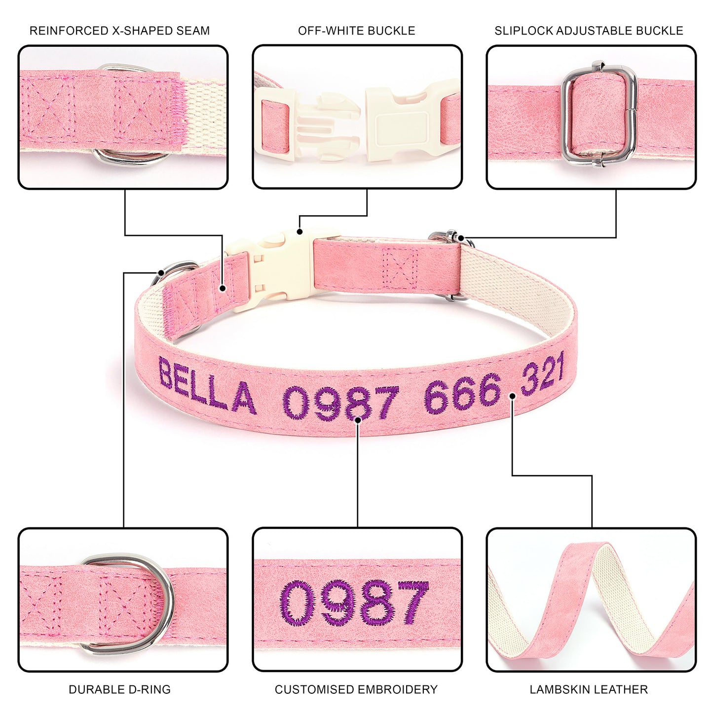 Personalised PU Leather Cotton Dog Collar, Custom Embroidered Name for Small to Large Dog, Red, Blue, Purple