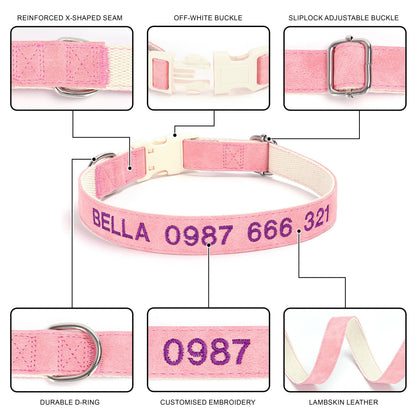 Personalised PU Leather Cotton Dog Collar, Custom Embroidered Name for Small to Large Dog, Red, Blue, Purple