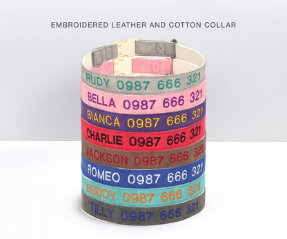 Personalised PU Leather Cotton Dog Collar, Custom Embroidered Name for Small to Large Dog, Red, Blue, Purple