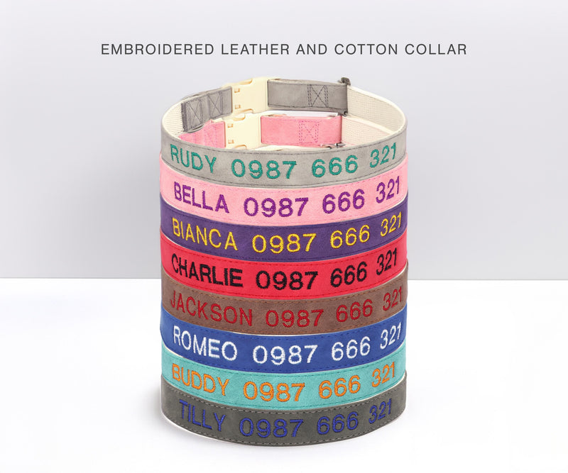Personalised PU Leather Cotton Dog Collar, Custom Embroidered Name for Small to Large Dog, Red, Blue, Purple