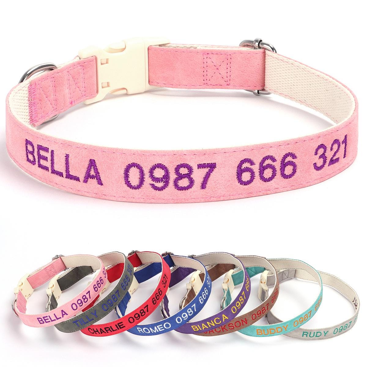 Personalised PU Leather Cotton Dog Collar, Custom Embroidered Name for Small to Large Dog, Red, Blue, Purple