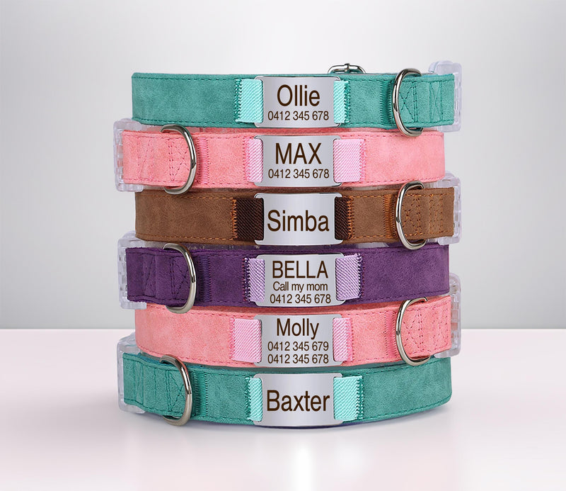 Personalised Engraved PU Leather Dog Collar with nameplate, Transparent Buckle Collar, Matching Leash Available, Au, Us, Uk, Ca Free Ship