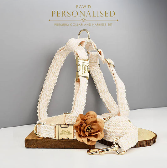 Beige Dog Harness Custom Wedding Lace Flower Collars for Dog Ring Bearer | Personalised Dog Harness with Name, Girl Dog Wedding Attire