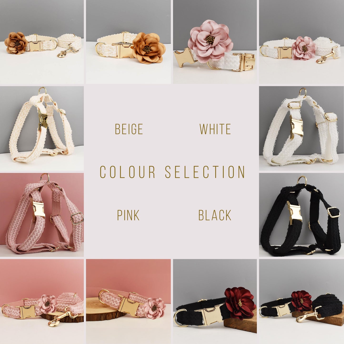 Custom Black Lace Personalised Fancy Wedding Dog Collar or Dog Flower, Dog Leash & H-Style Dog Harness for Small Medium Large Dogs