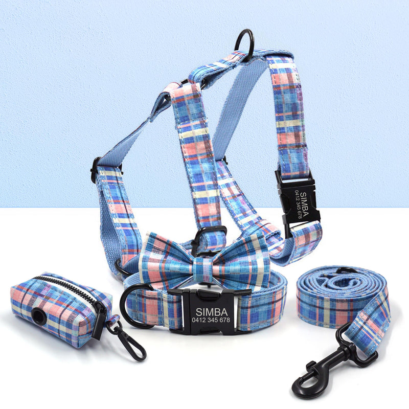 Custom Blue Plaid Personalized Dog Collar, Matching Dog Bowtie, Dog Leash, Dog Harness and Dog Poop Bag, Different Combo