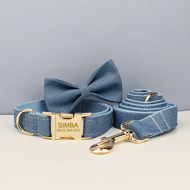 Personalized Engraved Handmade Jeans Dog Collar or Dog Collar and Lead Set, Bow Tie