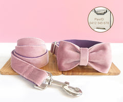 Personalized Engraved Handmade Velvet Dog Collar or Dog Collar and Leash, Dog Bowtie Available