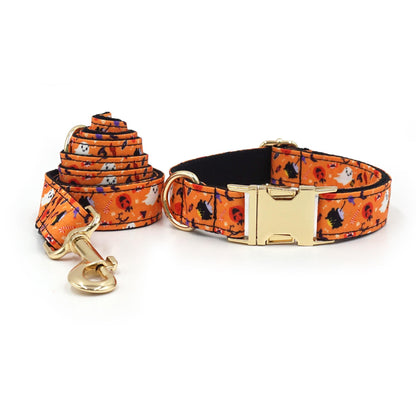 Halloween Dog Collar, Personalised Tag, Custom Dog Collar and Leash or Bow, Collar for Male Dog, Engraved Name on Dog Collar, Boy Collar