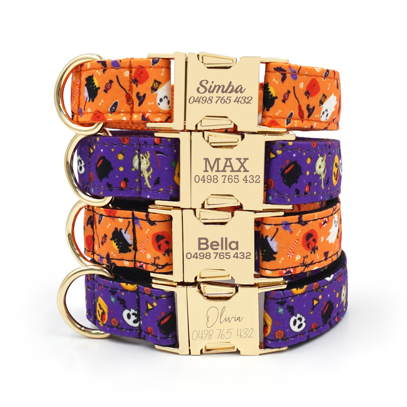 Halloween Dog Collar, Personalized Tag, Custom Dog Collar and Leash or Bow, Collar for Male Dog, Engraved Name on Dog Collar, Boy Collar