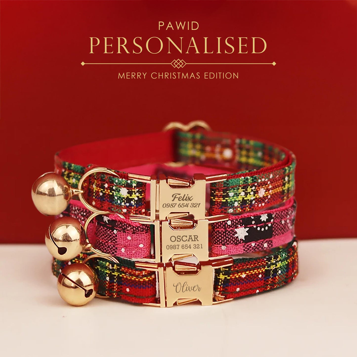 Personalised Christmas Cat Collar with Snowflakes, Red Pink Tartan, Bowtie and Bell - Custom Festive Pet Accessories, Gift for Pets