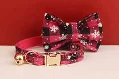 Personalized Christmas Cat Collar with Snowflakes, Red Pink Tartan, Bowtie and Bell - Custom Festive Pet Accessories, Gift for Pets
