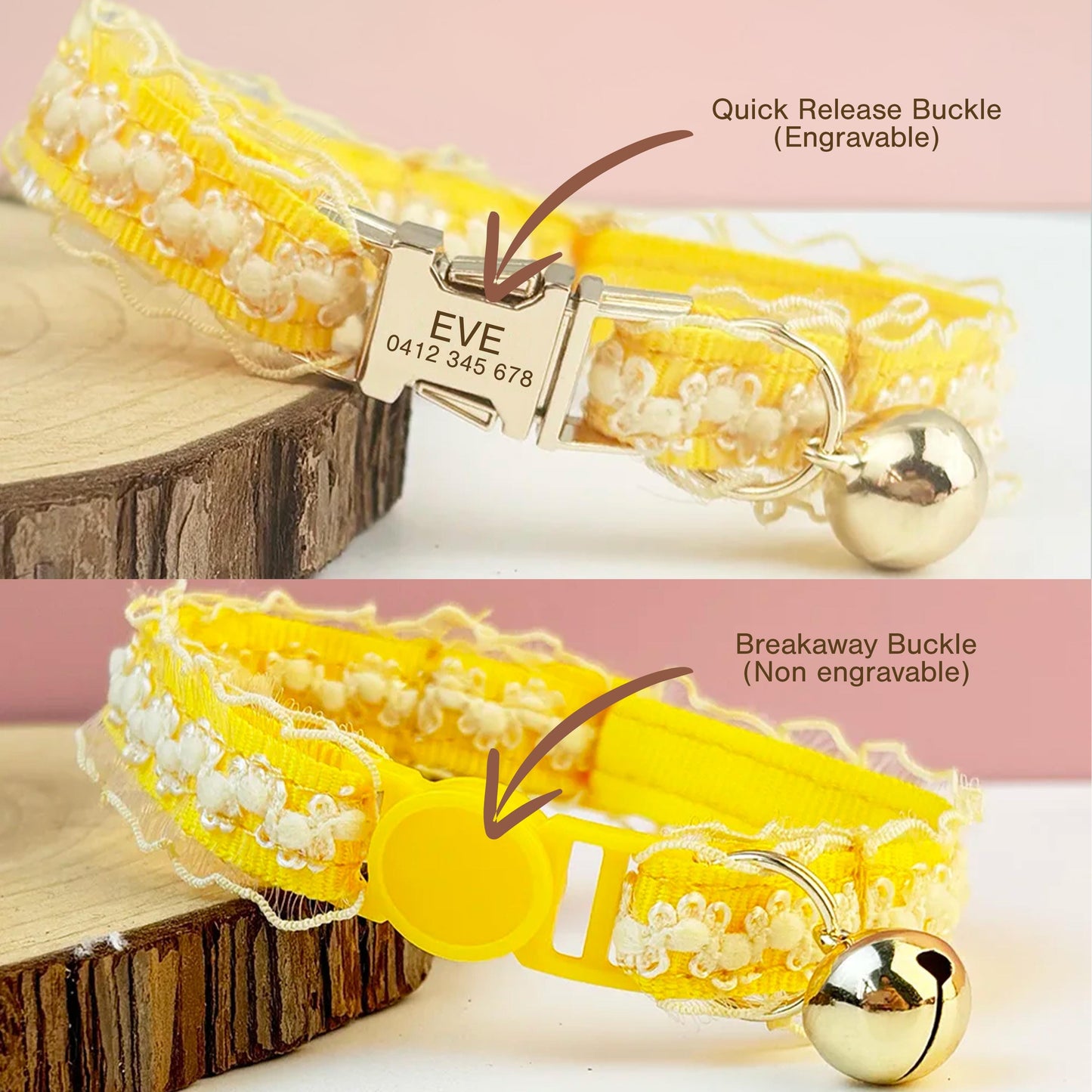 Personalised Lace Cat Kitten Puppy Breakaway Collar with Bell - White, Pink, Yellow, Red, Black Perfect Pet Gift, Wedding Gift