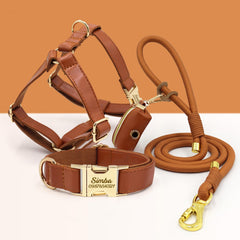 PU Leather Dog Collar, Collar/Harness/Lead/Poop Bag, Dog Collar Leash in Light Brown, Engraved Metal Buckle, Wedding Puppy Gift, Australia