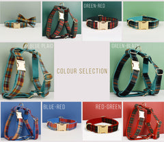 Personalized Tartan Christmas Dog Collar, Harness, Leash Green and Red Checkered Plaid Style, Different Combo, Dog Collar or Lead Set