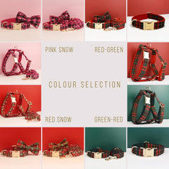 Custom Red and Green Snowflake Tartan Christmas Dog Harness Set - Collar, Bowtie, Leash - Various Combinations for Festive Pet Fashion