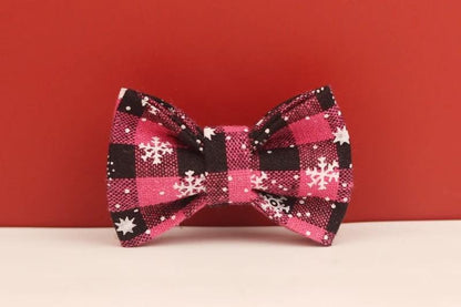 Personalised Christmas Cat Collar with Snowflakes, Red Pink Tartan, Bowtie and Bell - Custom Festive Pet Accessories, Gift for Pets