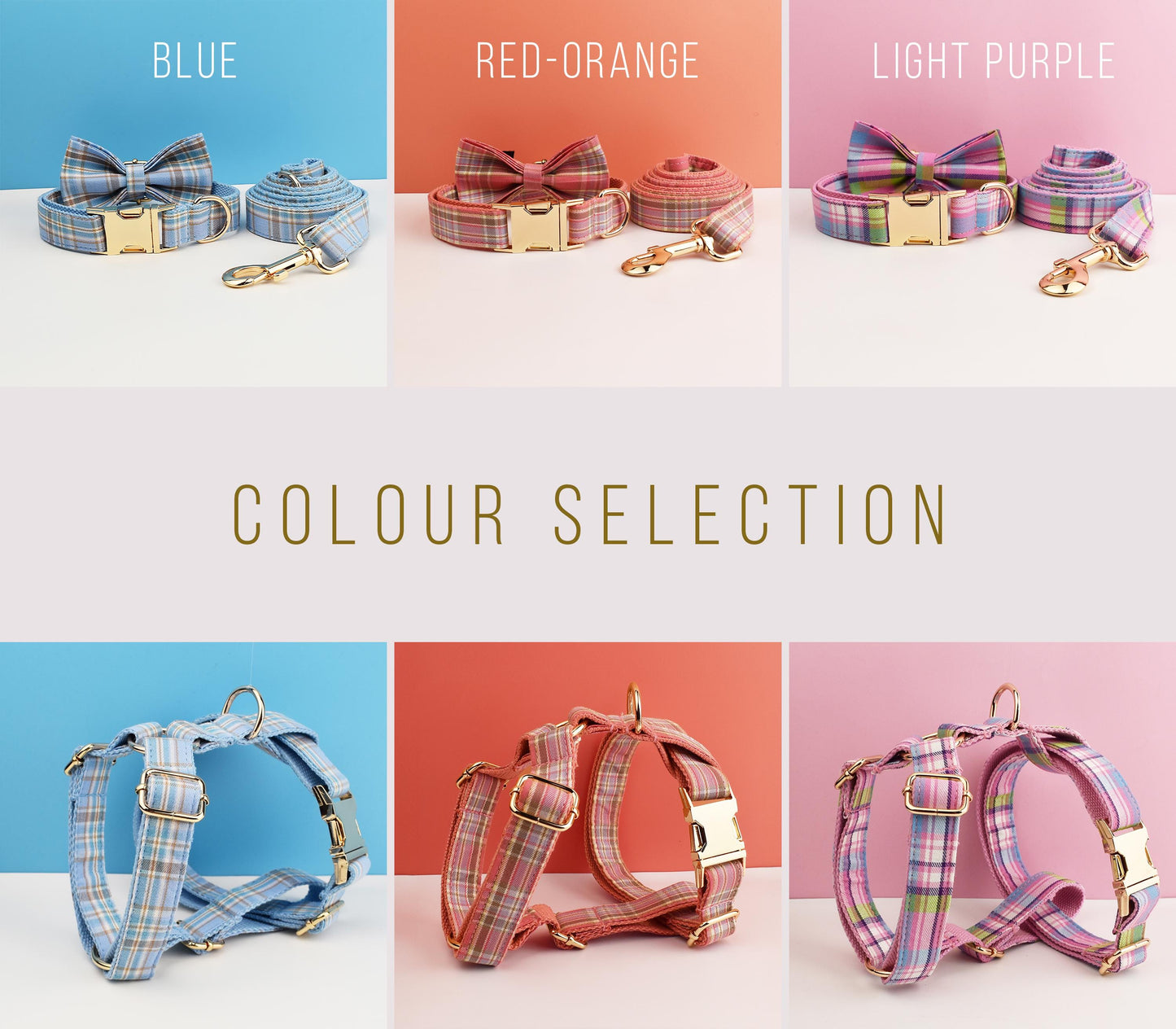 Custom Blue Plaid Dog Walking Set Personalised Dog Collar, Matching Dog Bowtie, Dog Leash, Roman Dog Harness