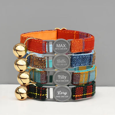 Cat Collar Breakaway Personalised Plaid Boy Girl Cat Collar, Custom Velvet Tartan Cat Collar Bowtie with Bell, Engraved Safety Buckle