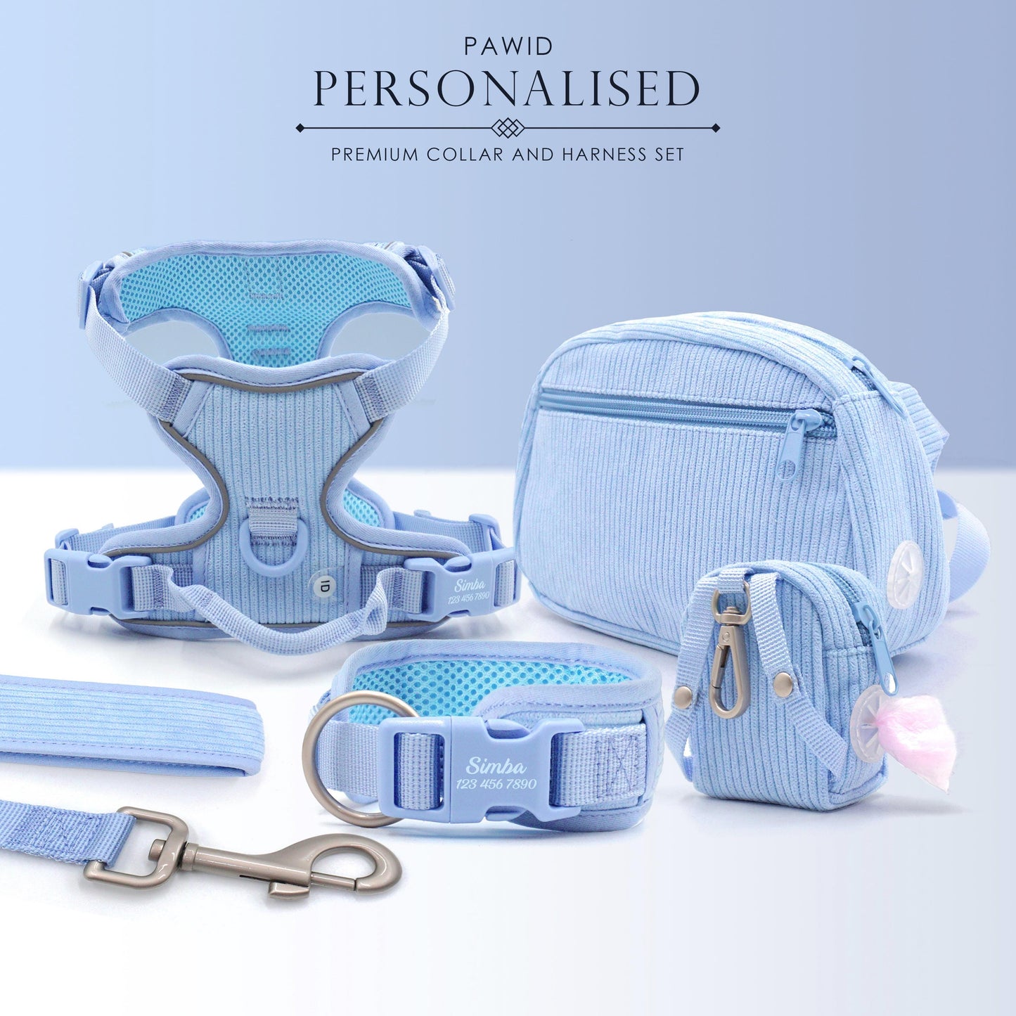 Personalised Dog Collar or Dog Harness Set - No Pull Dog Harness - Dog Leash - Poop Bag Holder - Treat Bag