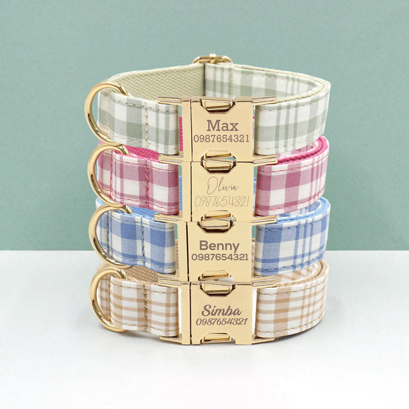 Plaid Dog Collar, Personalized Tag, Plaid Tartan Dog Collar and Leash or Bow, Collar for Male Dog, Engraved Name on Dog Collar, Boy Collar