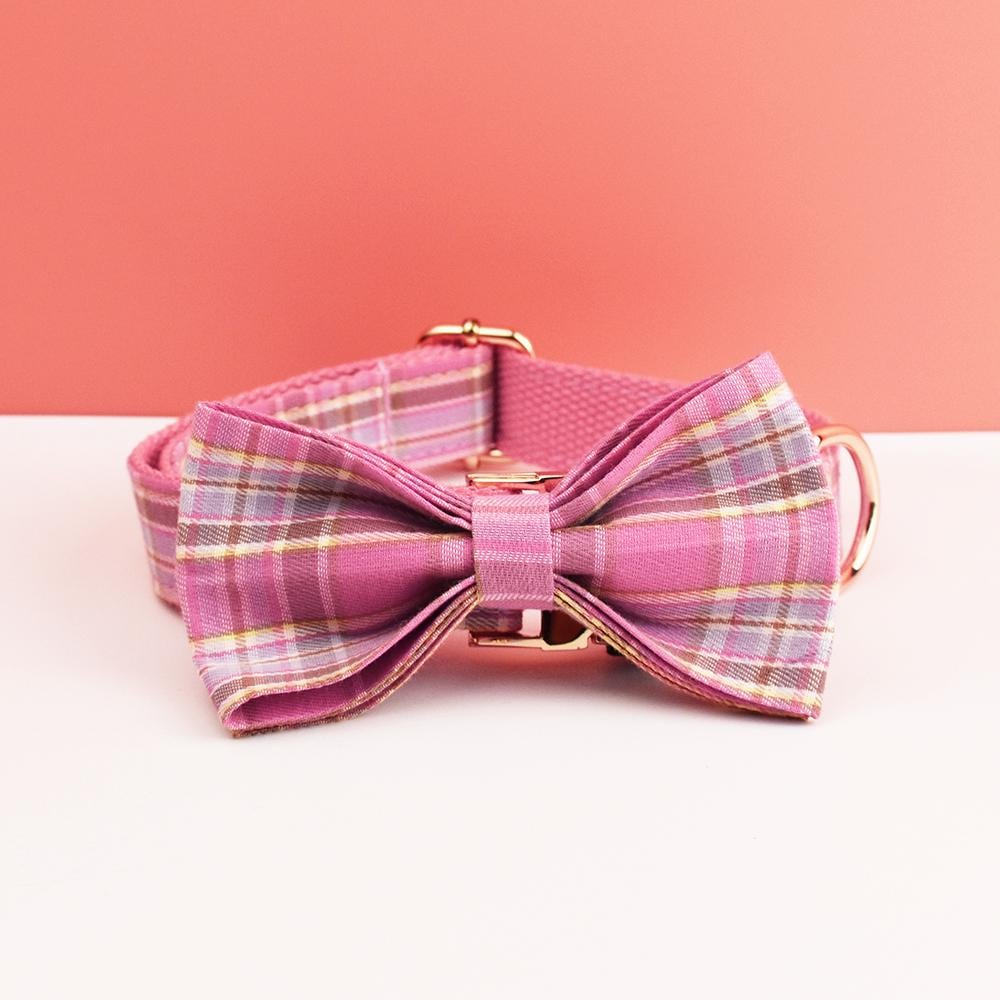 Custom Pink Plaid Personalised Dog Collar, Matching Dog Bowtie, Dog Leash, H-Style Dog Harness