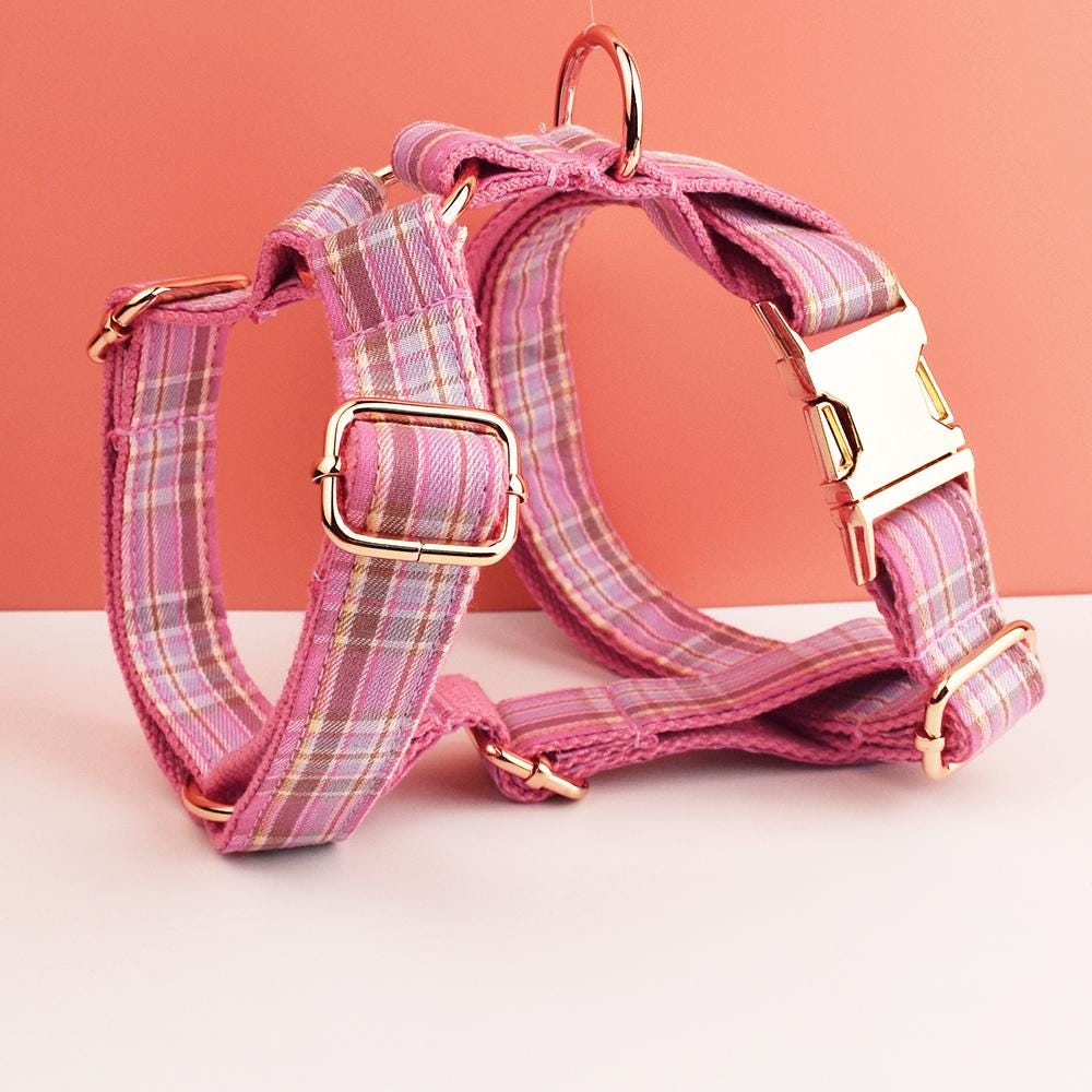Custom Pink Plaid Personalised Dog Collar, Matching Dog Bowtie, Dog Leash, H-Style Dog Harness