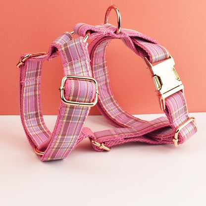 Custom Pink Plaid Personalised Dog Collar, Matching Dog Bowtie, Dog Leash, H-Style Dog Harness