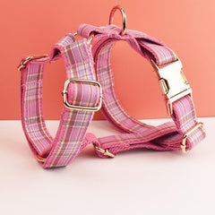 Custom Pink Plaid Personalized Dog Collar, Matching Dog Bowtie, Dog Leash, H-Style Dog Harness, Different Combo