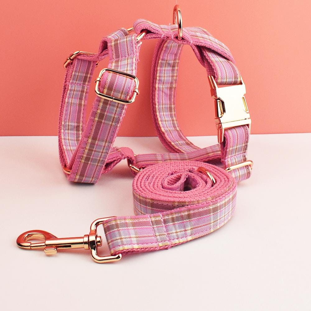 Custom Pink Plaid Personalised Dog Collar, Matching Dog Bowtie, Dog Leash, H-Style Dog Harness