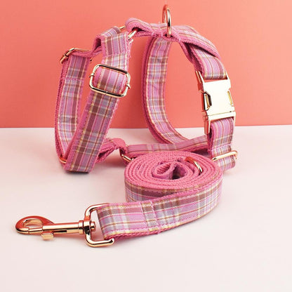 Custom Pink Plaid Personalised Dog Collar, Matching Dog Bowtie, Dog Leash, H-Style Dog Harness