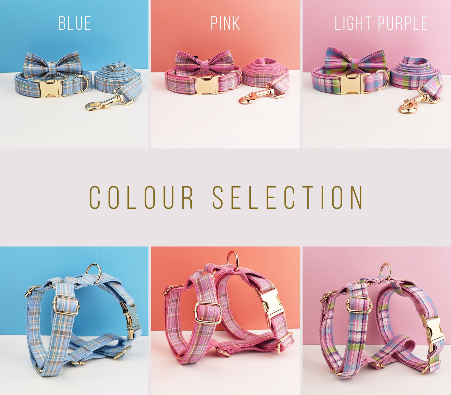 Custom Pink Plaid Personalised Dog Collar, Matching Dog Bowtie, Dog Leash, H-Style Dog Harness
