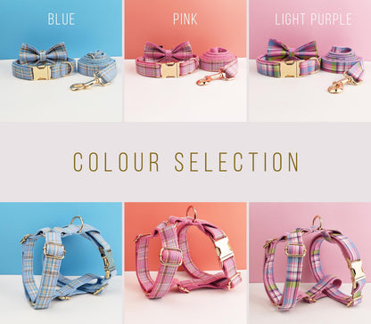 Custom Pink Plaid Personalised Dog Collar, Matching Dog Bowtie, Dog Leash, H-Style Dog Harness