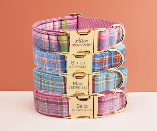 Tartan Dog Collar, Personalised Tag, Plaid Tartan Dog Collar and Leash or Bow, Collar for Male Dog, Pink, Ligh Purple, Blue Gingham