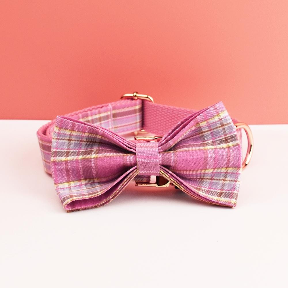 Tartan Dog Collar, Personalised Tag, Plaid Tartan Dog Collar and Leash or Bow, Collar for Male Dog, Pink, Ligh Purple, Blue Gingham