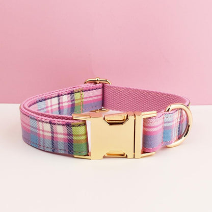 Tartan Dog Collar, Personalised Tag, Plaid Tartan Dog Collar and Leash or Bow, Collar for Male Dog, Pink, Ligh Purple, Blue Gingham