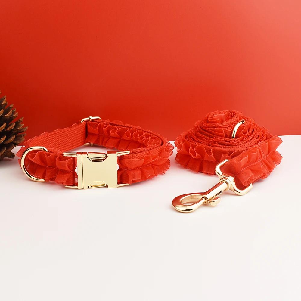 Lace Dog Collar, Personalized Tag, Custom Name Dog Collar and Leash or Velvet Poop Bag, Collar for Male Dog, Pink, Red Orange, Blue Lace